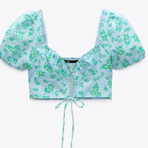 NWT Zara Floral Linen Blend Puff Sleeve Crop Top S - Picture 3 of 14